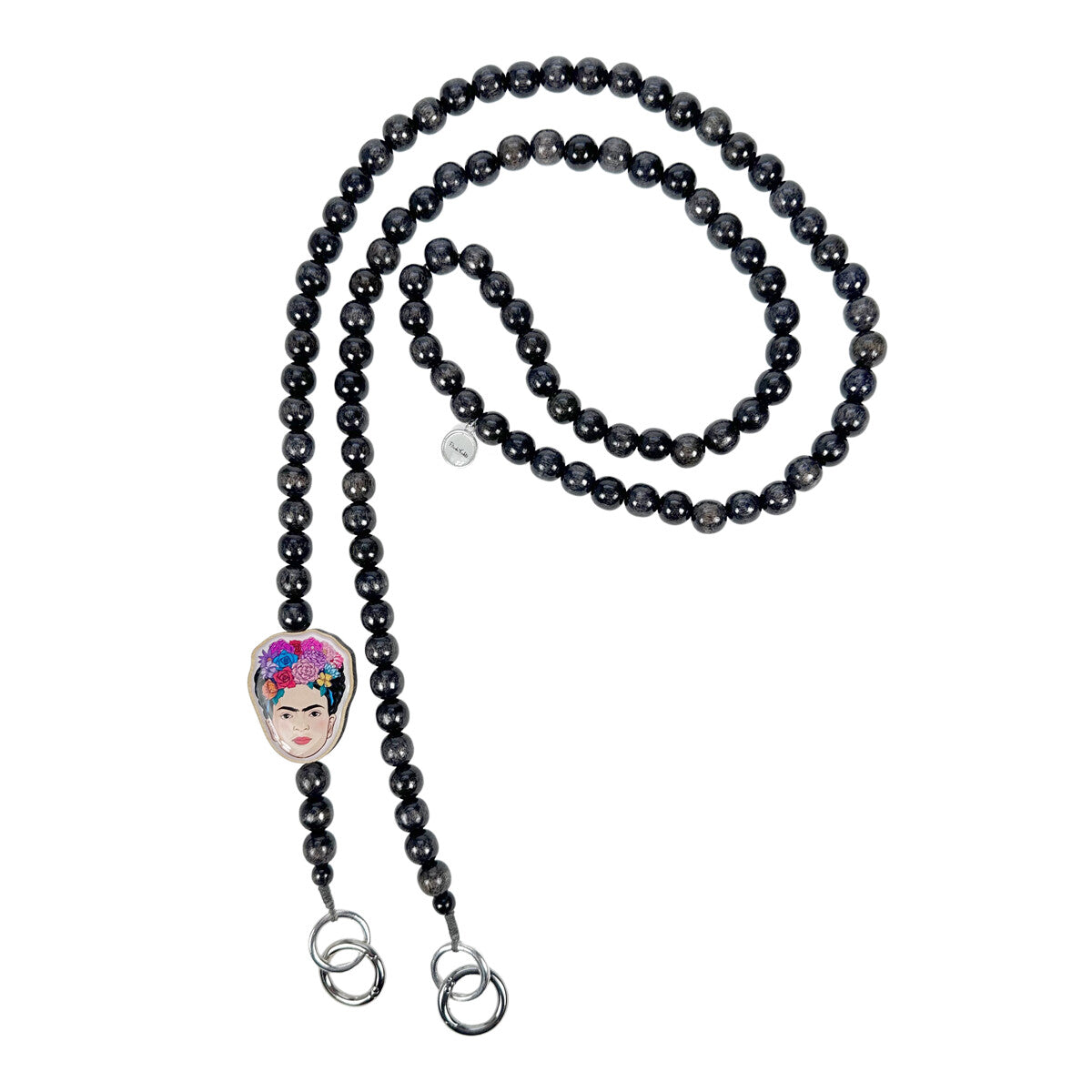 Escapulario Frida Kahlo Handykette in Grau mit dezenten Perlen, Frida-Anhänger und Karabinern als elegante Handy-Kette für Frauen.