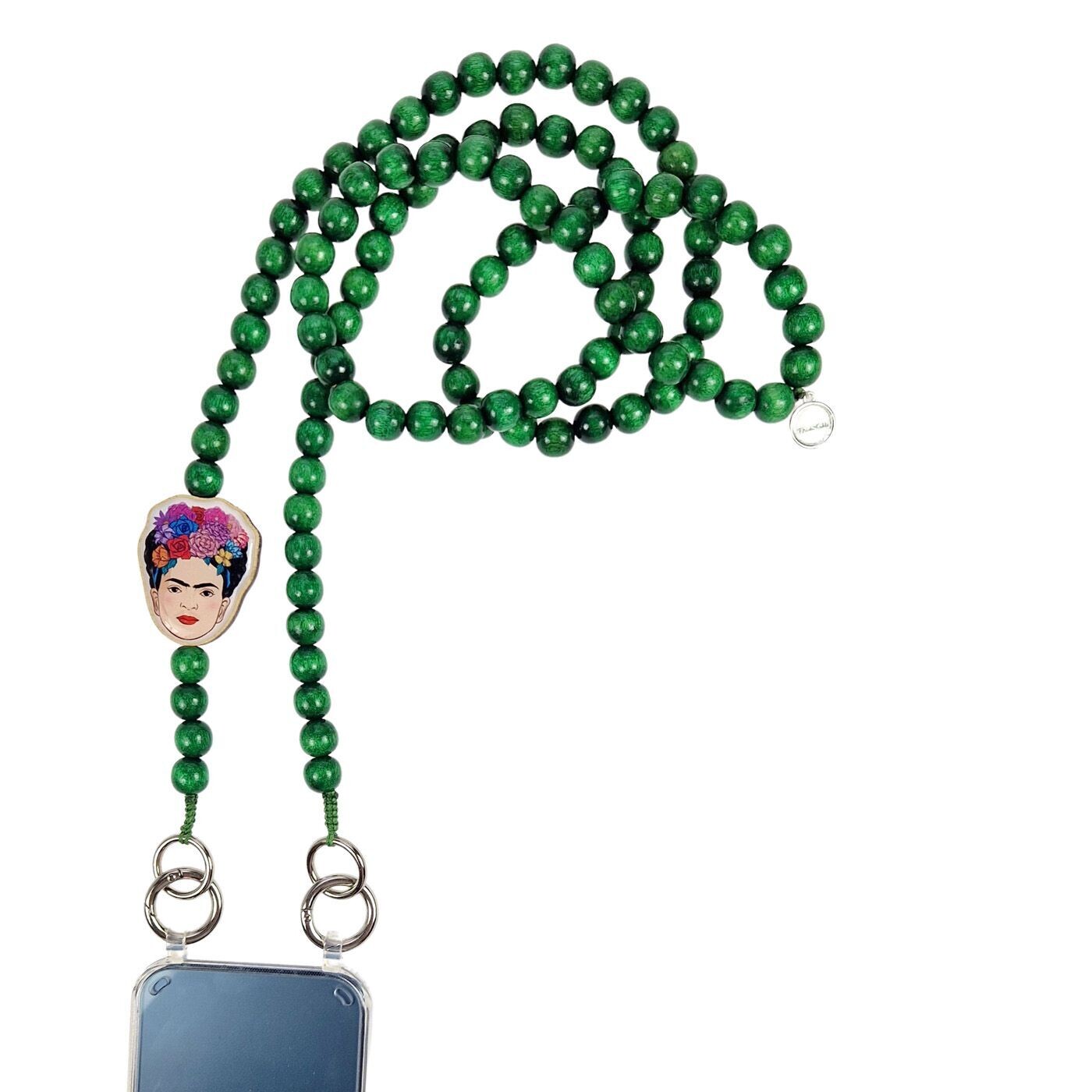 Escapulario Frida Kahlo Handykette in Grün mit Frida-Motiv, Perlenkette und Metallkarabinern als auffälliges Smartphone-Accessoire für Damen.