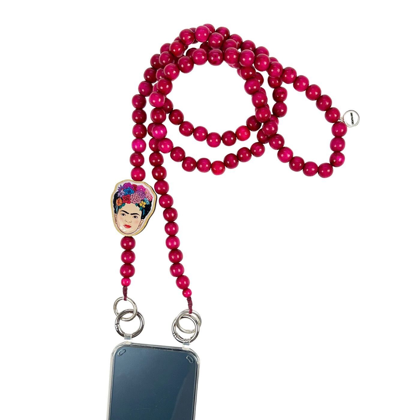 Escapulario Frida Kahlo Handykette in Pink mit Frida-Motiv, farbigen Perlen und Metallkarabinern als künstlerisches Smartphone-Accessoire für Frauen.