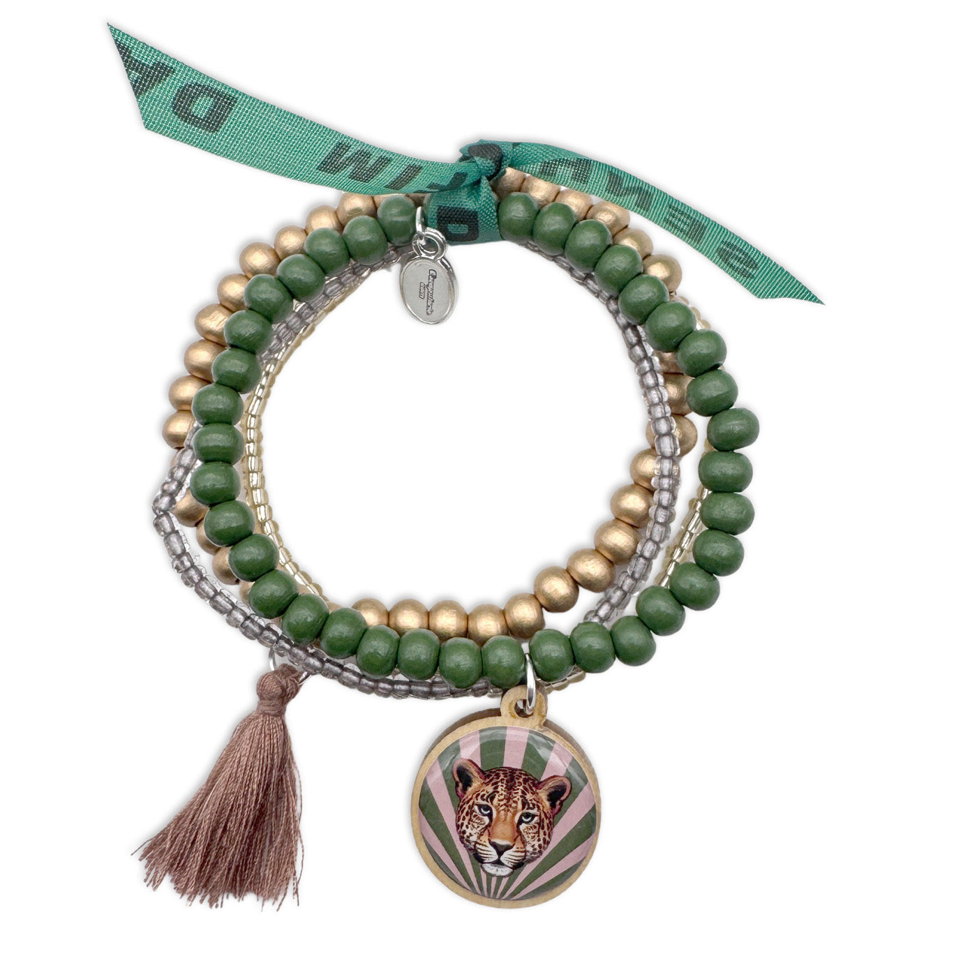 Escapulario Armbandset mit Leopardenpin in edlen Gold- und Bambustönen – eleganter Armschmuck für Frauen mit wildem Flair.