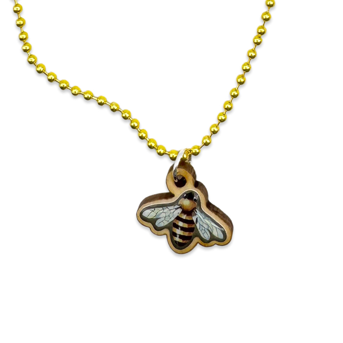 Escapulario Halskette für Damen als gelbe Metallic Kugelkette mit Bienenanhänger aus Holz.