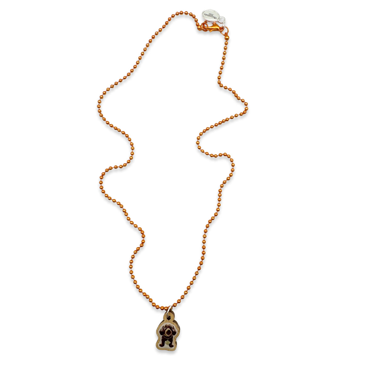 Escapulario Halskette für Damen als Metallic Kugelkette in Orange mit Dackelanhänger aus Holz.