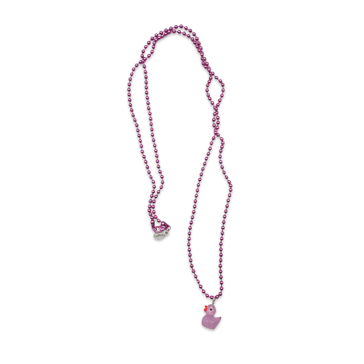 Escapulario Halskette für Damen als Metallic Kugelkette in Flieder mit fluoreszierendem Entenanhänger in Flieder.