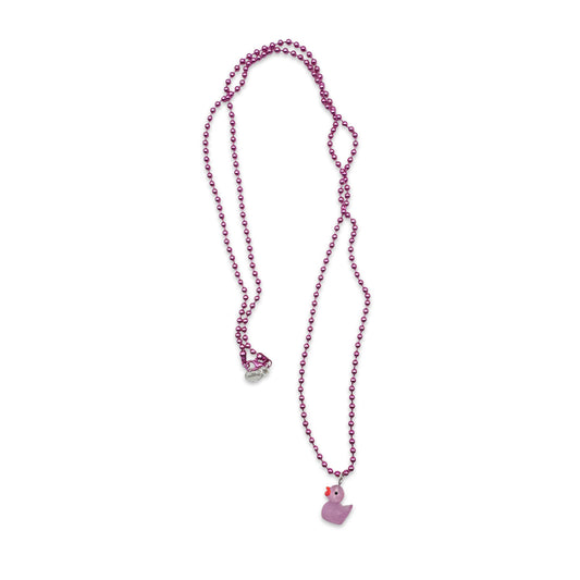 Escapulario Halskette für Damen als Metallic Kugelkette in Flieder mit fluoreszierendem Entenanhänger in Flieder.