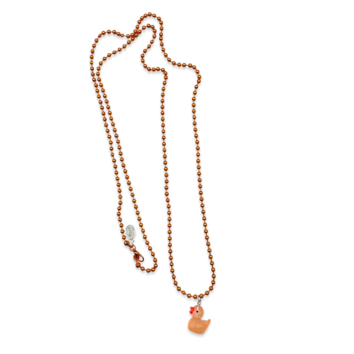 Escapulario Halskette für Damen als Metallic Kugelkette in Orange mit fluoreszierendem Entenanhänger in Orange.