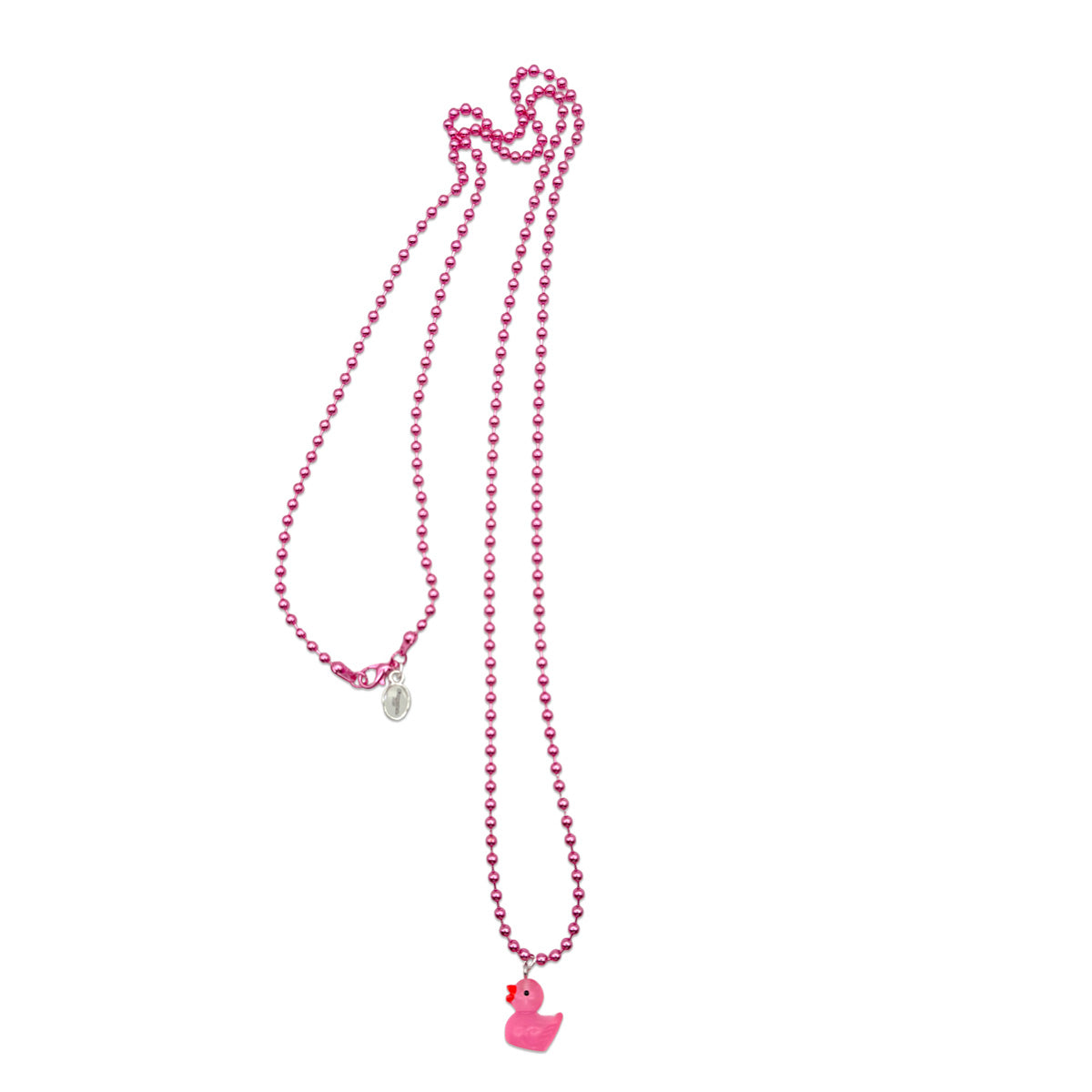 Escapulario Halskette für Damen als Metallic Kugelkette in Rosa mit fluoreszierendem Entenanhänger in Rosa.