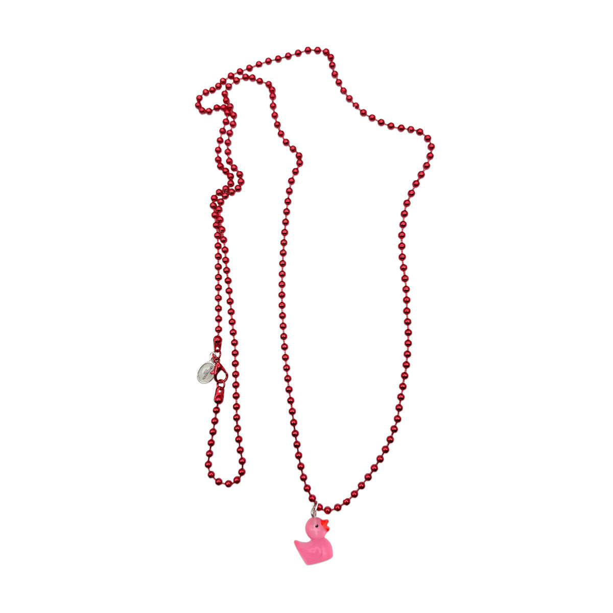 Escapulario Halskette für Damen als rote Metallic Kugelkette mit fluoreszierendem Entenanhänger in Pink.
