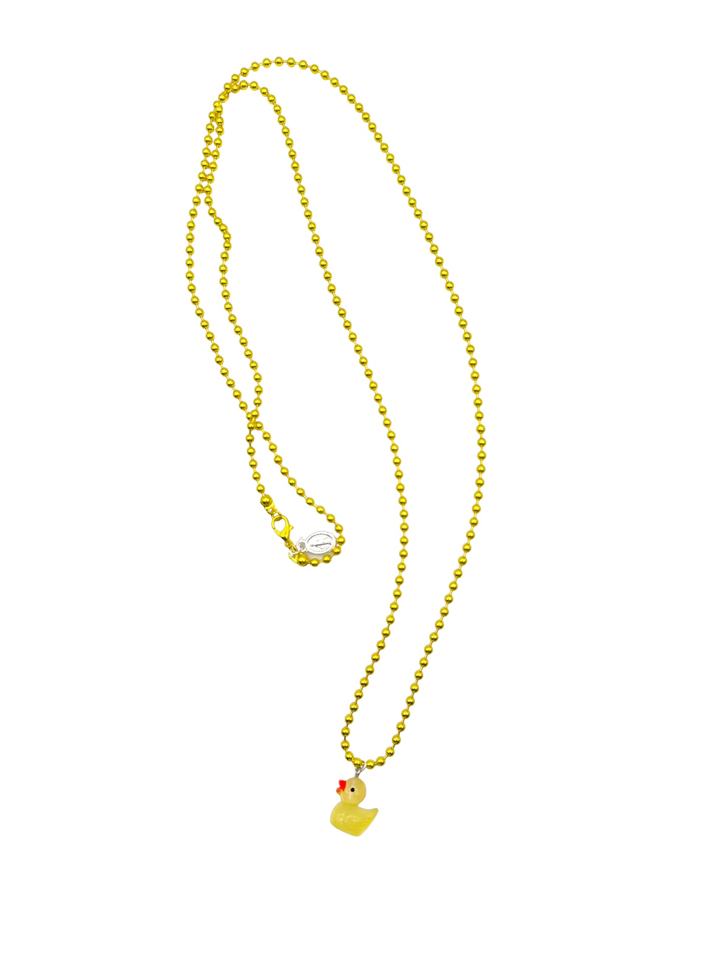 Escapulario Halskette für Damen als Metallic Kugelkette in Sonnengelb mit fluoreszierendem Entenanhänger in Gelb.