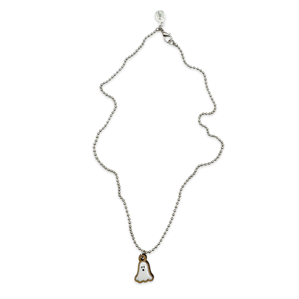 Escapulario Halskette für Damen als Metallic Kugelkette mit Geist-Anhänger aus Holz.