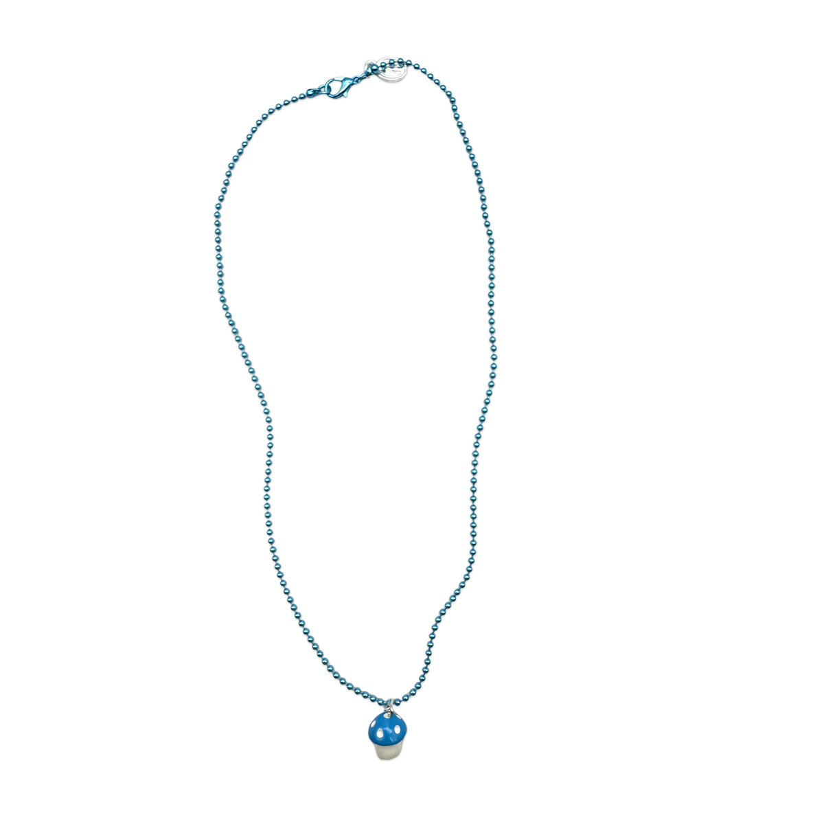 Escapulario Halskette für Damen als Metallic Kugelkette in Blau mit Kunststoff-Pilzanhänger.