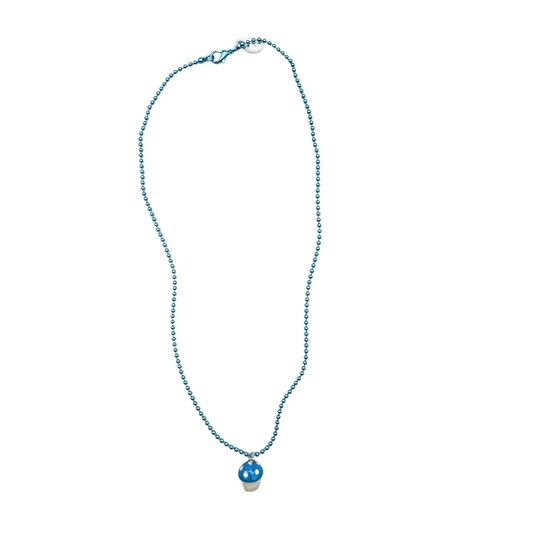 Escapulario Halskette für Damen als Metallic Kugelkette in Blau mit Kunststoff-Pilzanhänger.