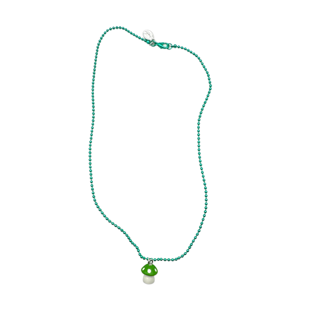 Escapulario Halskette für Damen als Metallic Kugelkette in Grün mit Kunststoff-Pilzanhänger.