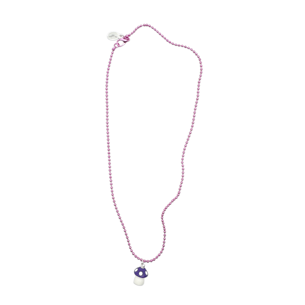 Escapulario Halskette für Damen als Metallic Kugelkette in Lila mit Kunststoff-Pilzanhänger.