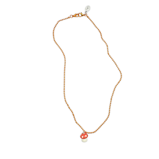 Escapulario Halskette für Damen als Metallic Kugelkette in Orange mit Kunststoff-Pilzanhänger.