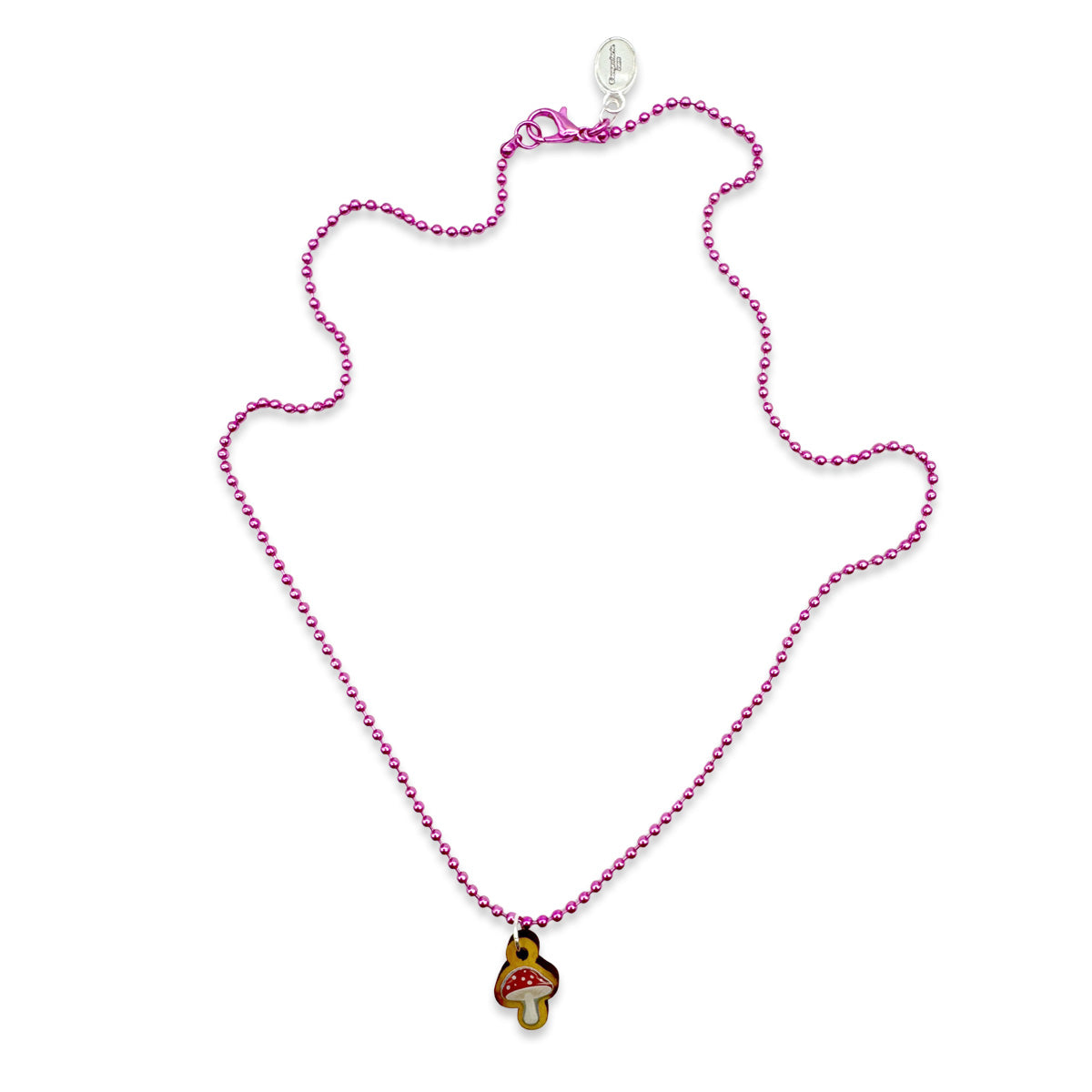 Escapulario Halskette für Damen als pinke Metallic Kugelkette mit Pilzanhänger aus Holz.