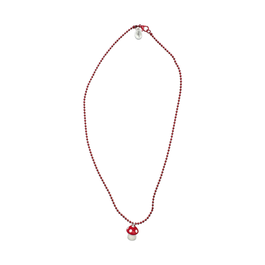 Escapulario Halskette für Damen als rote Metallic Kugelkette mit Pilzanhänger.