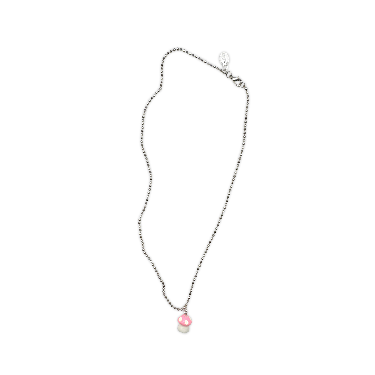 Escapulario Halskette für Damen als silberne Metallic Kugelkette mit Kunststoff-Pilzanhänger.