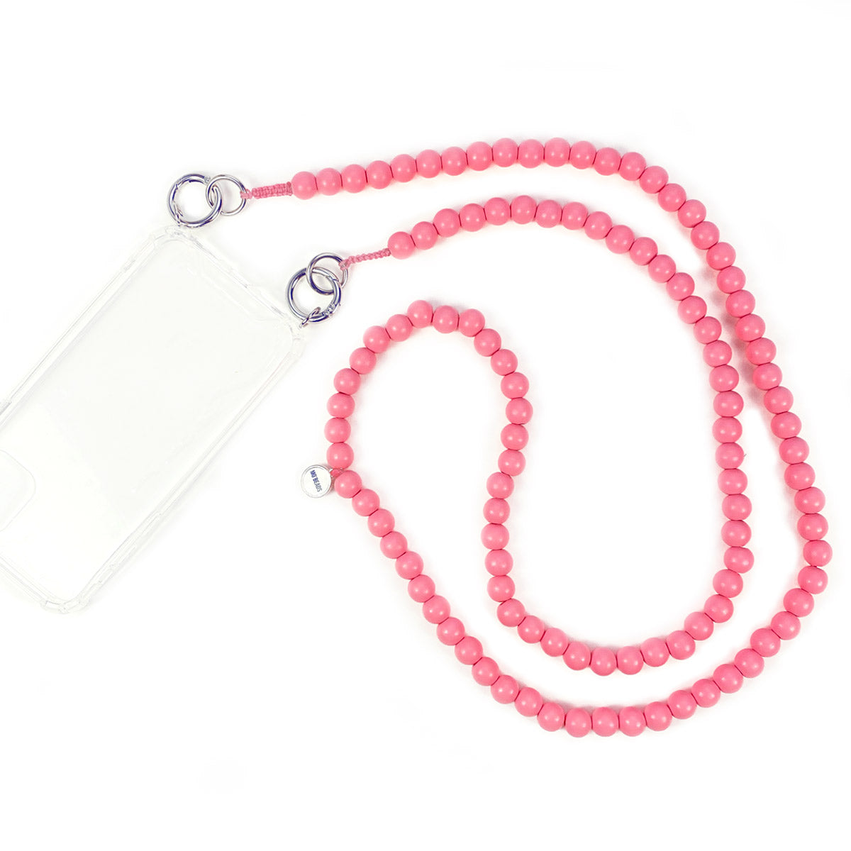 Escapulario Handykette Apricot Pastell mit zarten Perlen und Karabinern als sanftes Smartphone-Accessoire für Damen.