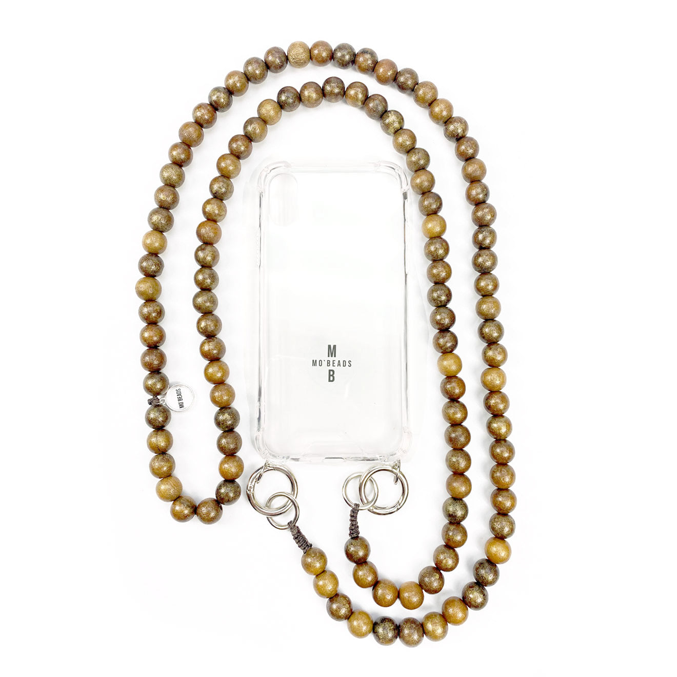 Escapulario Handykette in Braun Metallic mit glänzenden Perlen und Karabinern als stilvolles Smartphone-Accessoire für Frauen.

