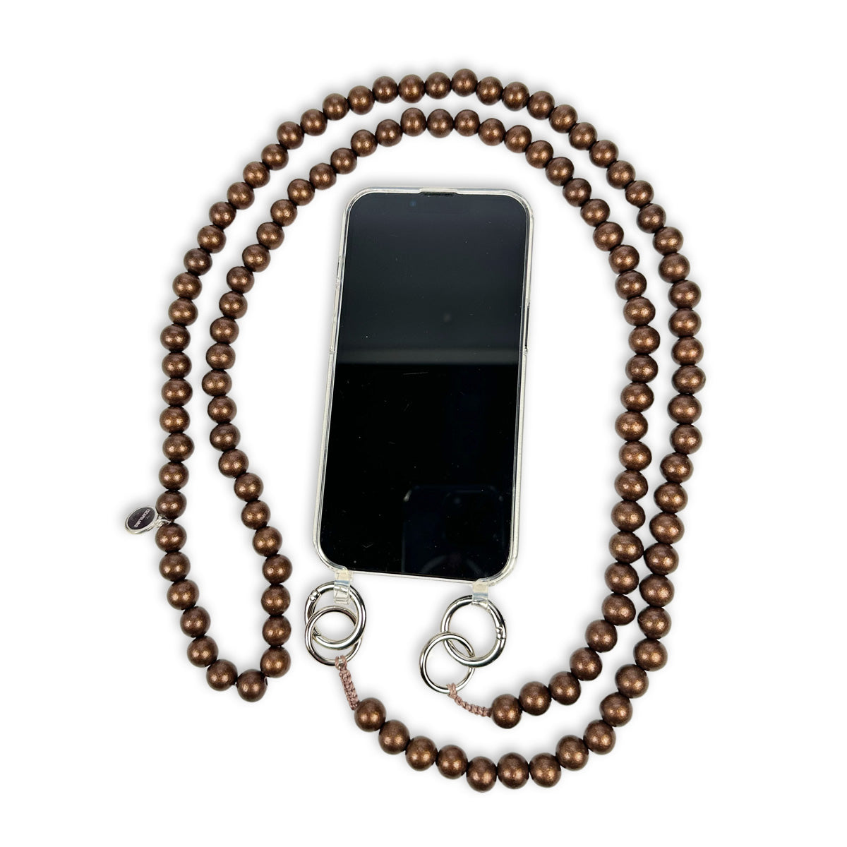 Escapulario Handykette in Bronze mit metallisch glänzenden Perlen und Karabinern als stilvolle Handy-Kette für Frauen.