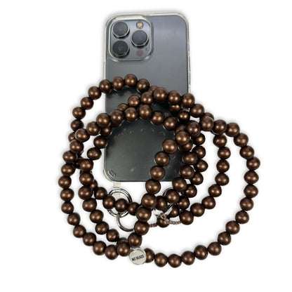 Escapulario Handykette in Bronze mit metallisch glänzenden Perlen und Karabinern als stilvolle Handy-Kette für Frauen.