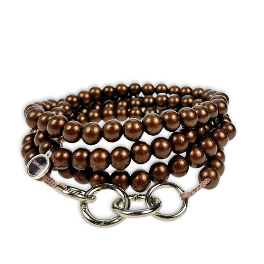 Escapulario Handykette in Bronze mit metallisch glänzenden Perlen und Karabinern als stilvolle Handy-Kette für Frauen.