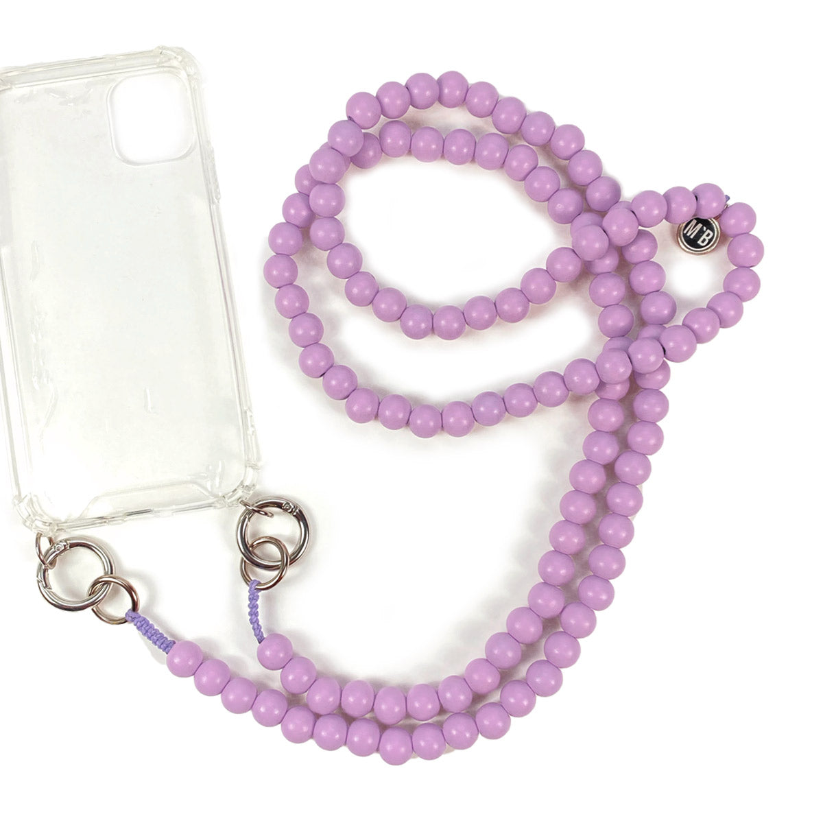 Escapulario Handykette Flieder Pastell mit zarten Perlen und Metallkarabinern als romantisches Smartphone-Accessoire für Damen.