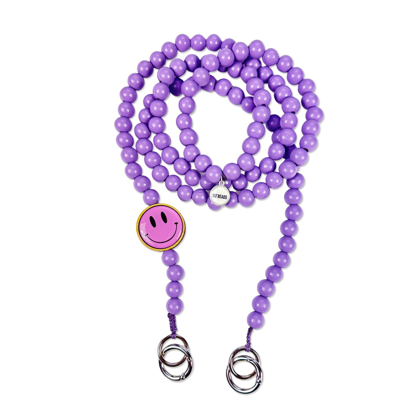 Escapulario Handykette in Flieder mit Smile-Holzpin und Metallkarabinern als Gute-Laune-Handykette für Frauen.