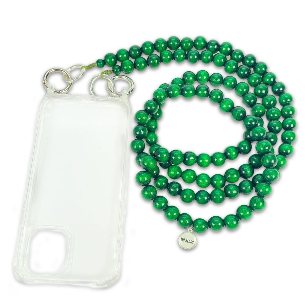 Escapulario Handykette Grün mit intensiven Perlen und Metallkarabinern als frisches Smartphone-Accessoire für Damen.