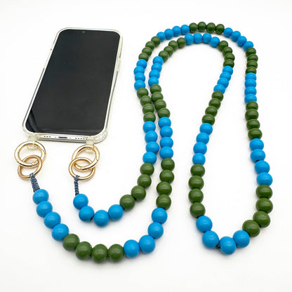 Escapulario Handykette aus Holzperlen in Bambus-Jeans Farbkombination, klassische Smartphonekette im natürlichen Look.