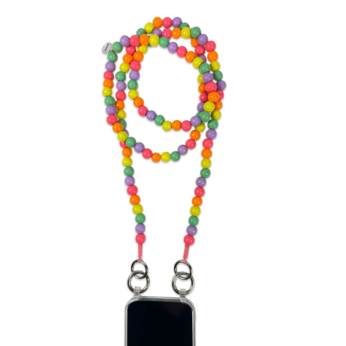 Escapulario Handykette aus bunten Holzperlen im Candymix, klassische farbenfrohe Smartphonekette.