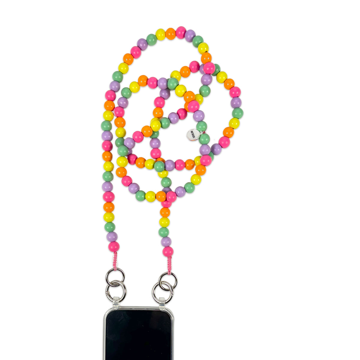 Escapulario Handykette aus bunten Holzperlen im Candymix, klassische farbenfrohe Smartphonekette.