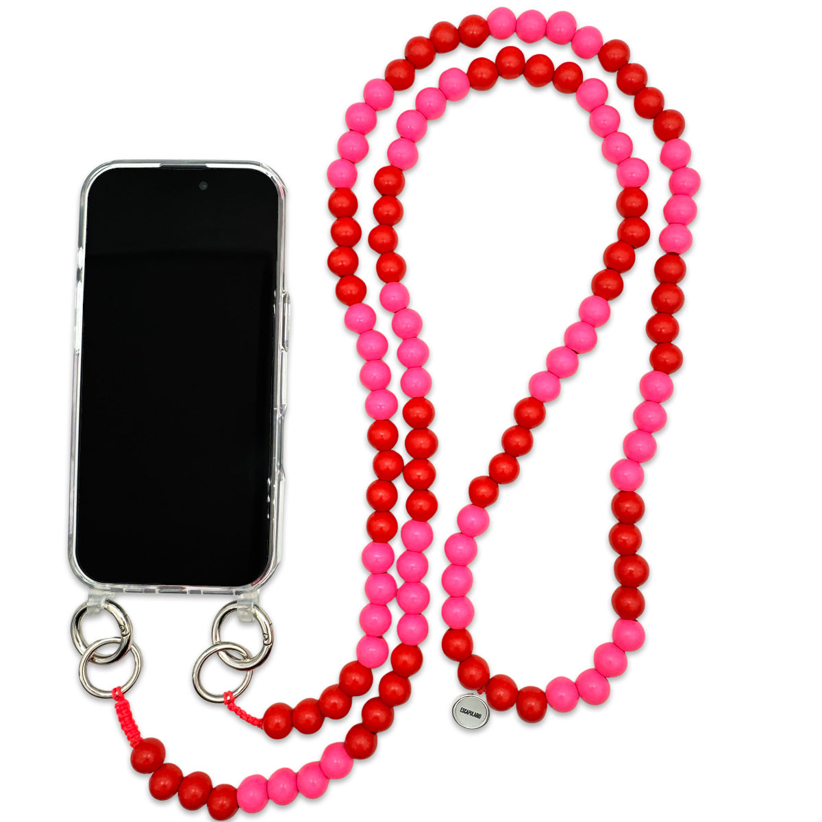 Escapulario Handykette Lipstick Koralle aus Holzperlen, klassische zweifarbige Smartphonekette in Koralltönen.