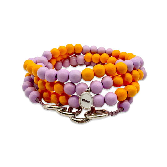 Escapulario Handykette aus Holzperlen in Orange-Flieder, farbenfrohe klassische Handykette zum Umhängen.