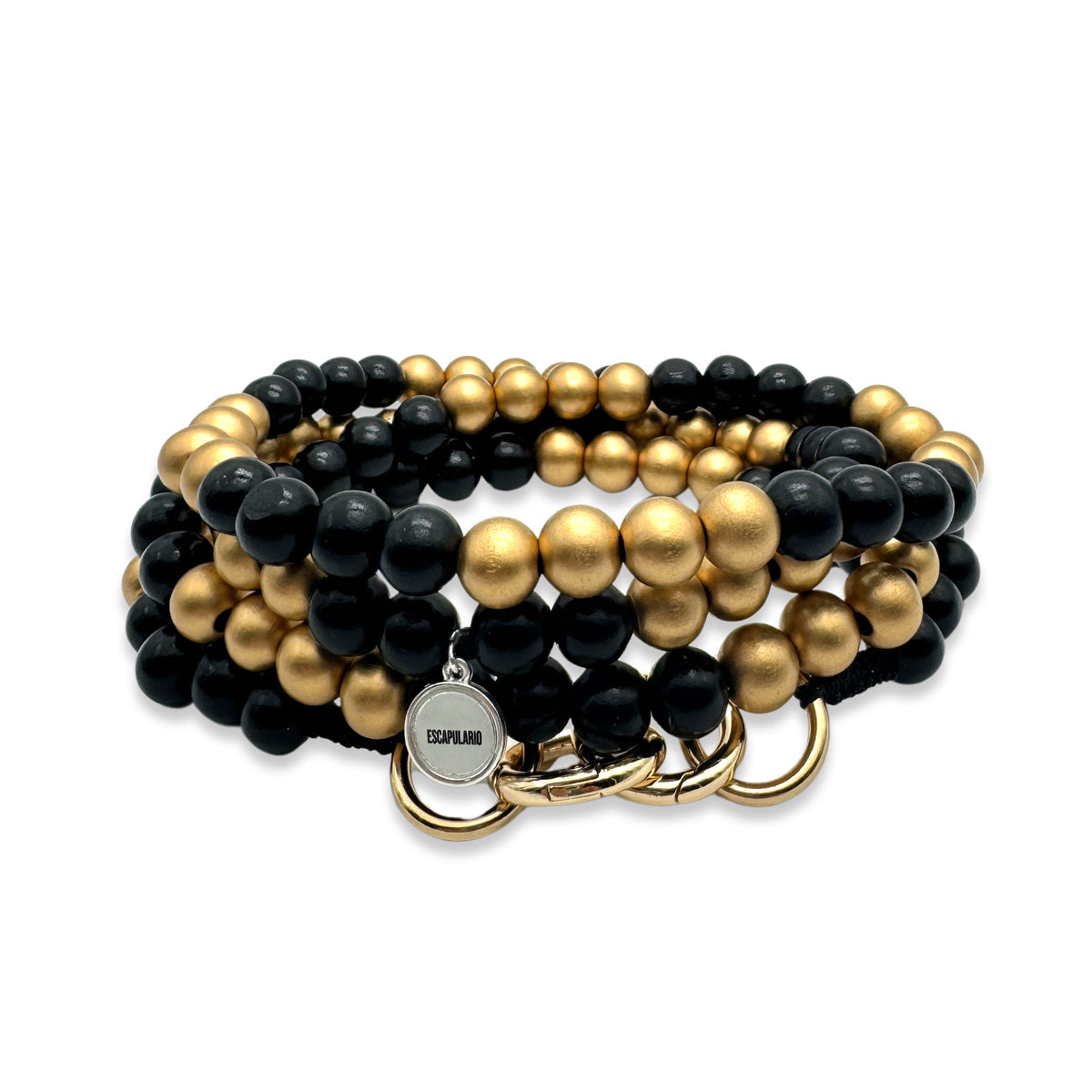 Escapulario Handykette aus Holzperlen in Schwarz-Gold, edle klassische Smartphonekette zum Umhängen.