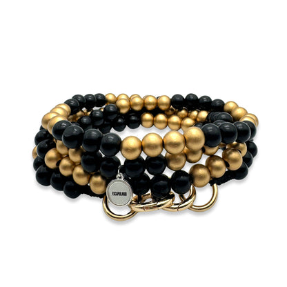 Escapulario Handykette aus Holzperlen in Schwarz-Gold, edle klassische Smartphonekette zum Umhängen.