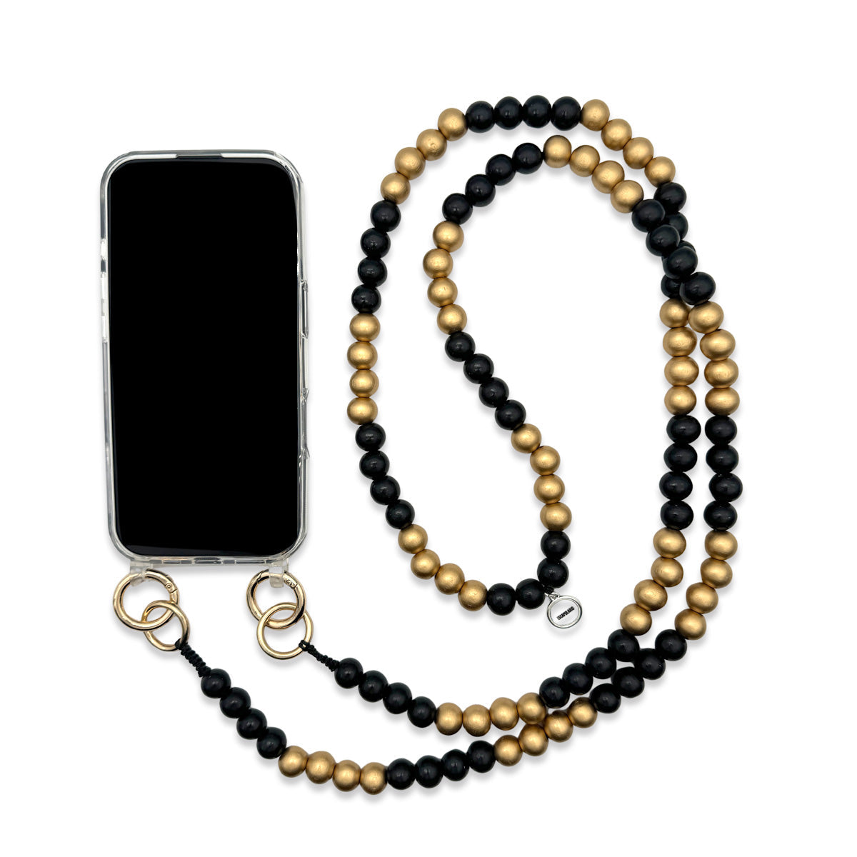 Escapulario Handykette aus Holzperlen in Schwarz-Gold, edle klassische Smartphonekette zum Umhängen.