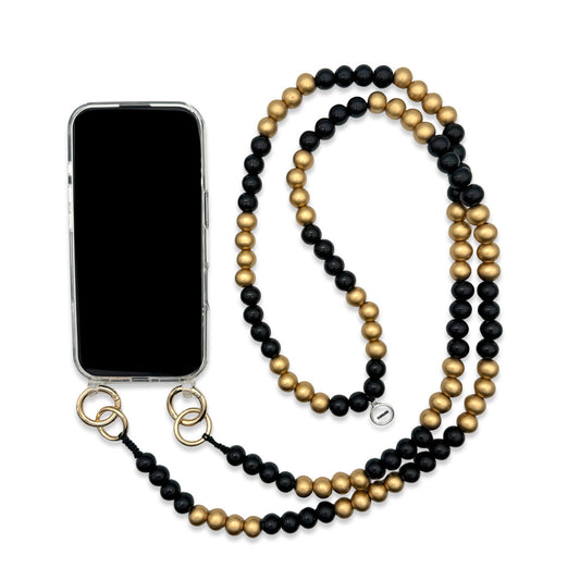 Escapulario Handykette aus Holzperlen in Schwarz-Gold, edle klassische Smartphonekette zum Umhängen.