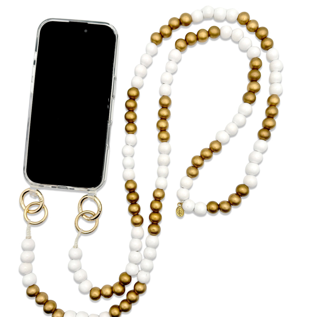 Escapulario Handykette aus Holzperlen in Weiss-Gold, klassische Smartphonekette zum Umhängen.
