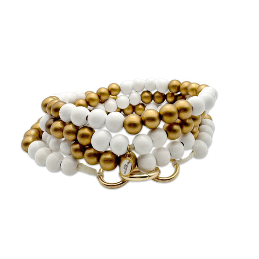 Escapulario Handykette aus Holzperlen in Weiss-Gold, klassische Smartphonekette zum Umhängen.