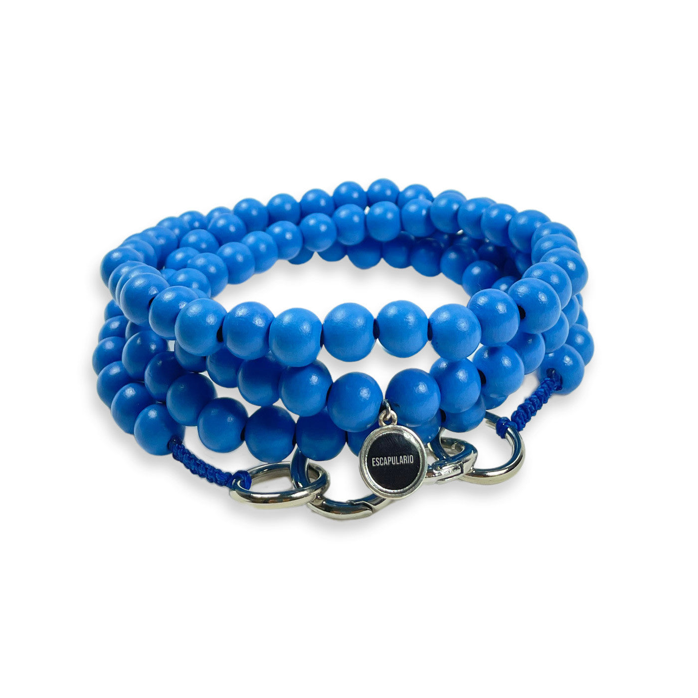 Escapulario Handykette Jeans mit blauem Perlenband und Karabinern als casual Handy-Kette im Denim-Look.