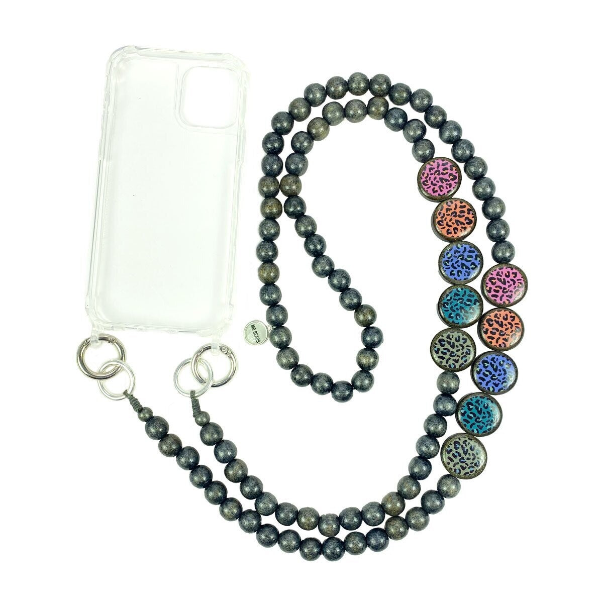 Escapulario Handykette Leoprint Bunt mit farbigen Animal-Print-Perlen und Metallkarabinern als auffälliges Handyband für modebewusste Frauen.