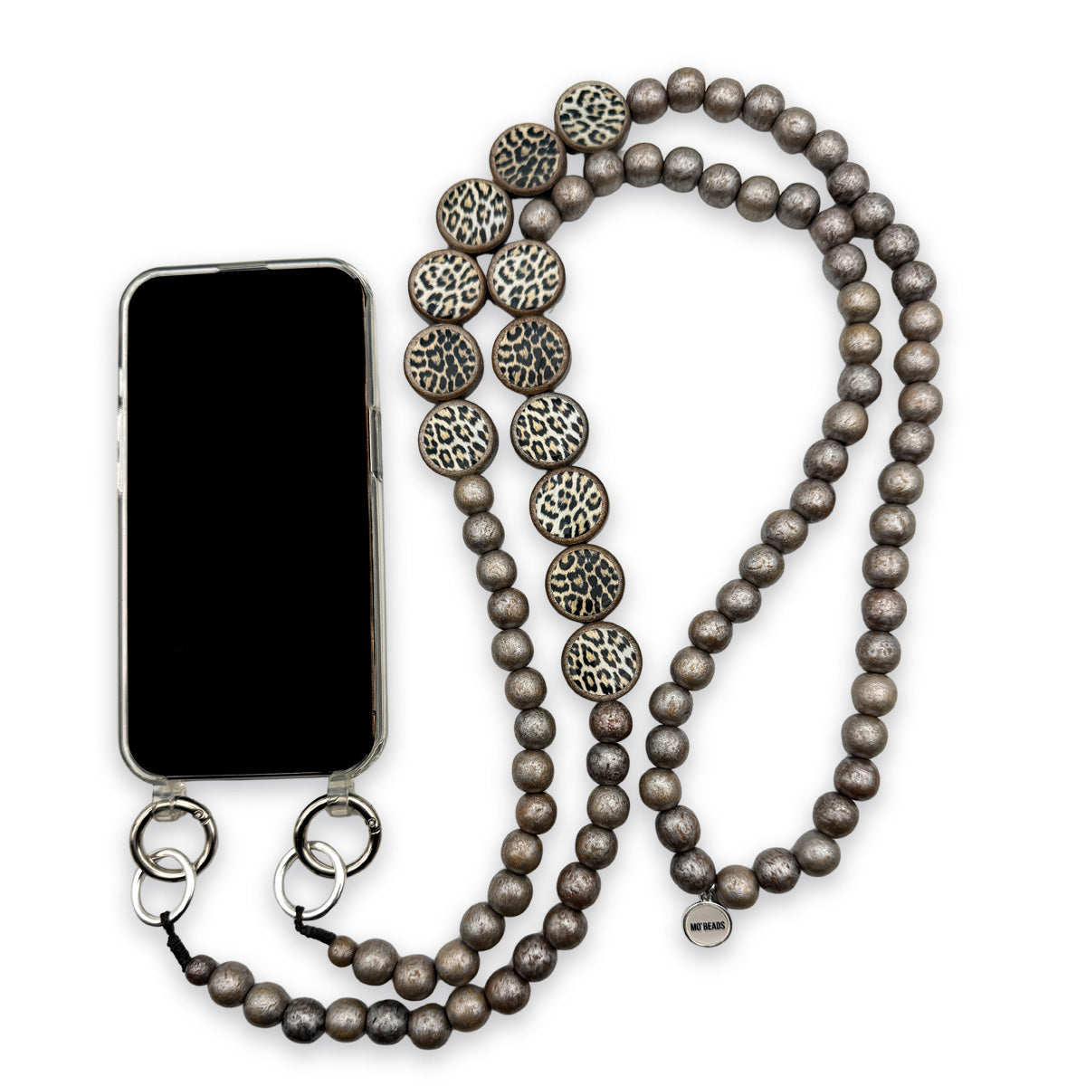 Escapulario Handykette Leoprint mit Animal-Print-Perlen und Karabinern als auffällige Handy-Kette im Leoparden-Look.