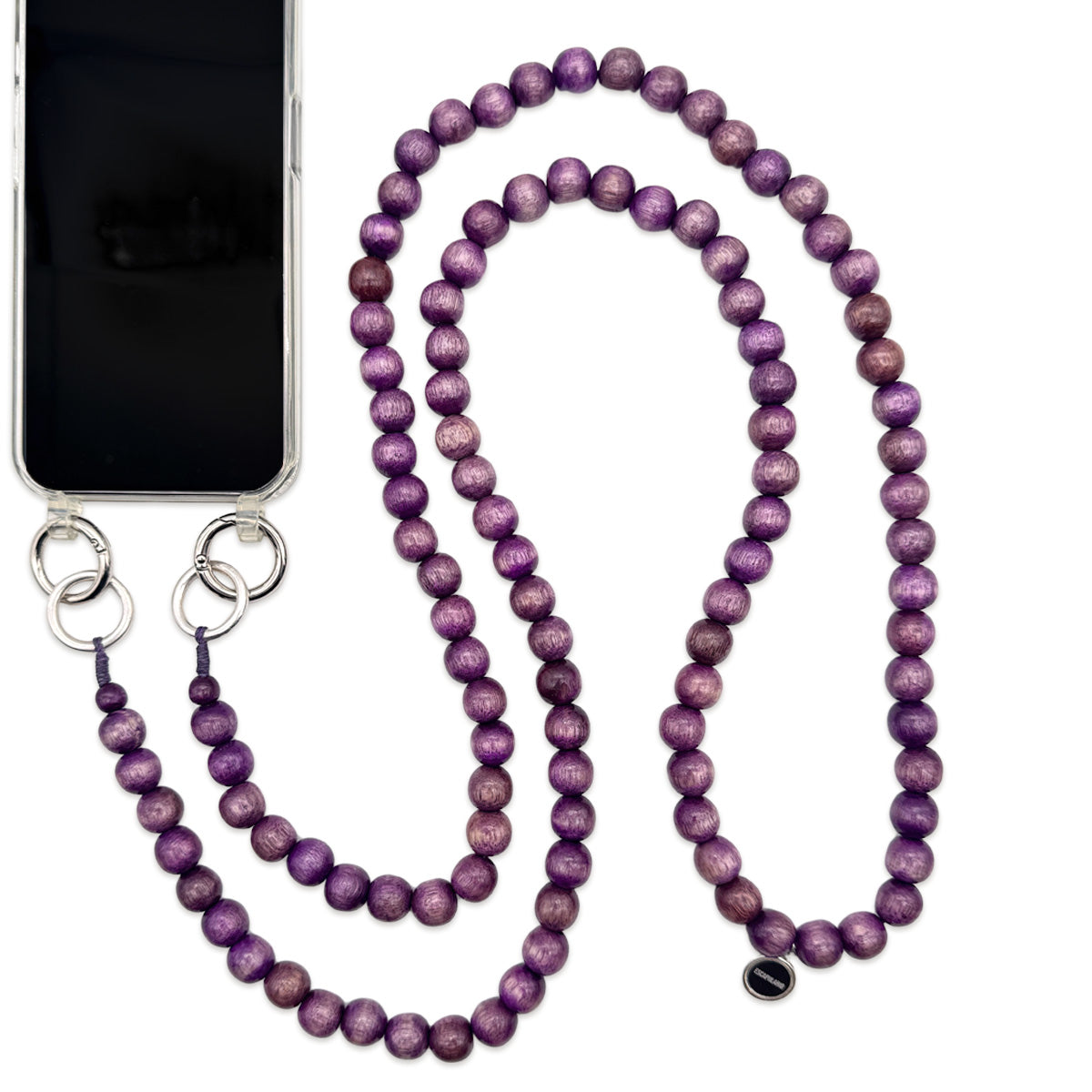 Escapulario Handykette in Lila mit Perlenkette und Metallkarabinern als farbintensives Smartphone-Accessoire für Frauen.