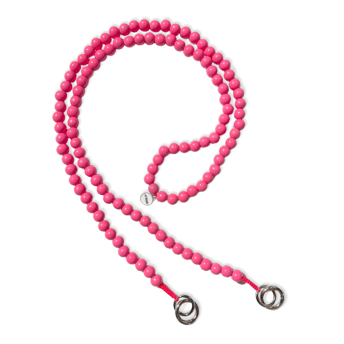 Escapulario Handykette Lipstick Pink mit kräftig pinken Perlen und Metallkarabinern als Statement-Smartphone-Accessoire für Damen.