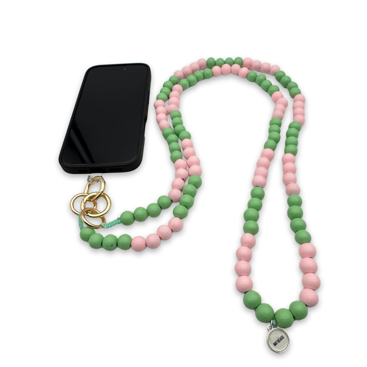 Escapulario Handykette Mint-Rosa aus Holzperlen mit zweifarbigen Perlen und Karabinern als natürlicher Phone-Strap für Damen.