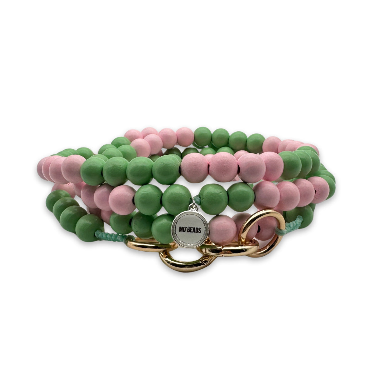 Escapulario Handykette Mint-Rosa aus Holzperlen mit zweifarbigen Perlen und Karabinern als natürlicher Phone-Strap für Damen.