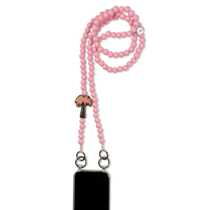Escapulario Handykette in Pastellrosa mit Palmen-Holzpin, feinen Perlen und Karabinern als sommerliches Handyband für Damen.