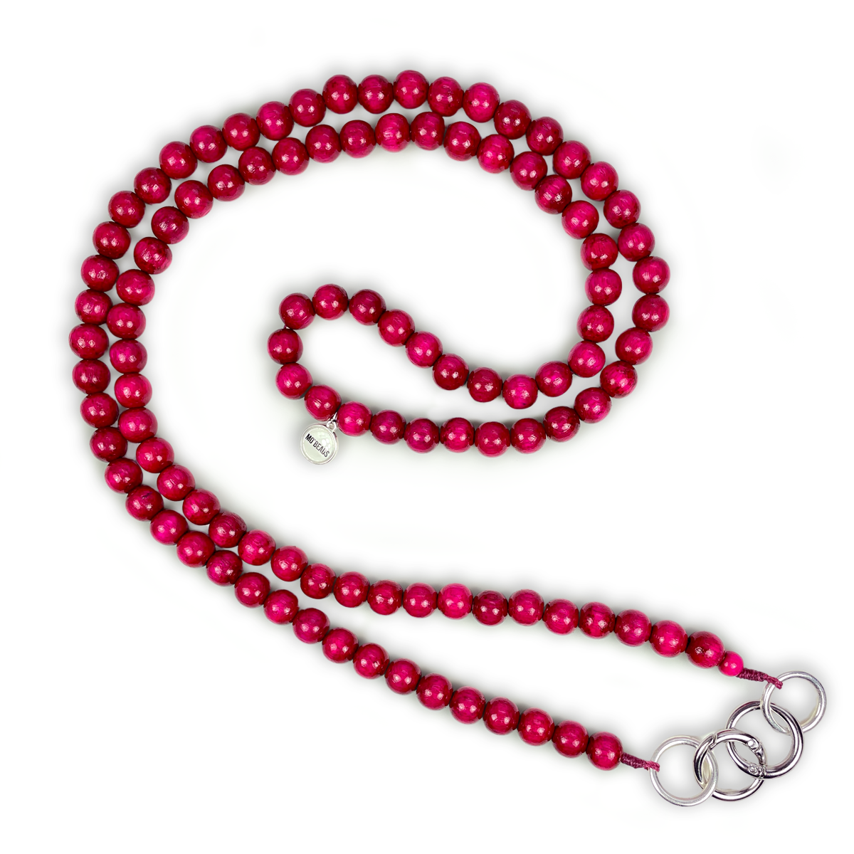 Escapulario Handykette in Pink mit leuchtenden Perlen und Metallkarabinern als verspieltes Handyband für Frauen.