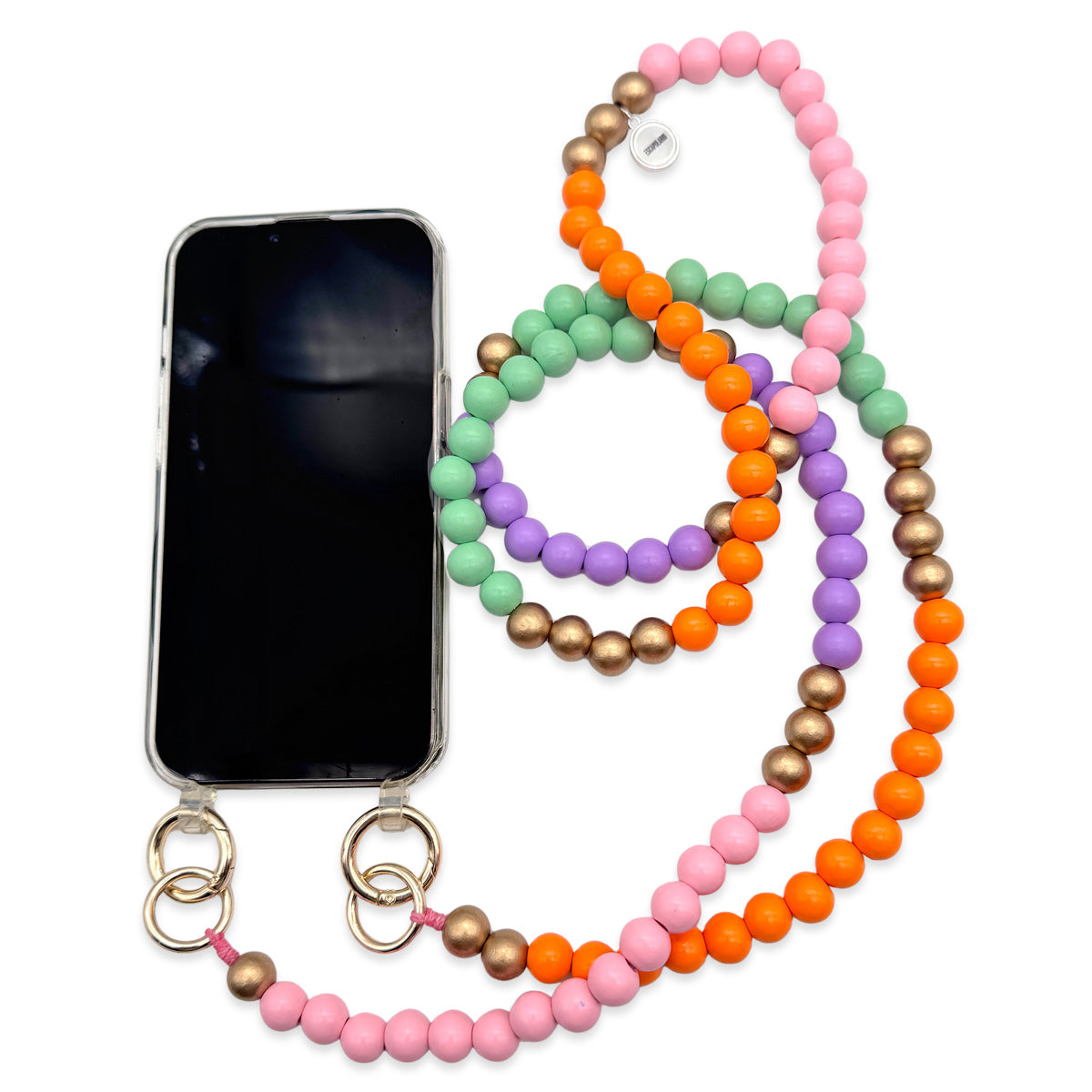 Escapulario Handykette Pop Mix Orange aus bunten Holzperlen mit fröhlichen Anhängern als sommerliches Accessoire für dein Smartphone.